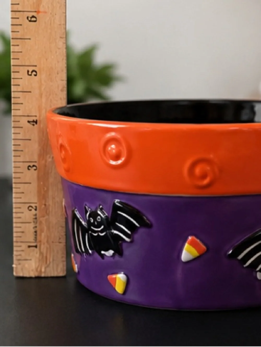 Halloween Trick or Treat Ceramic Candy Bowl Bats Candy Corn